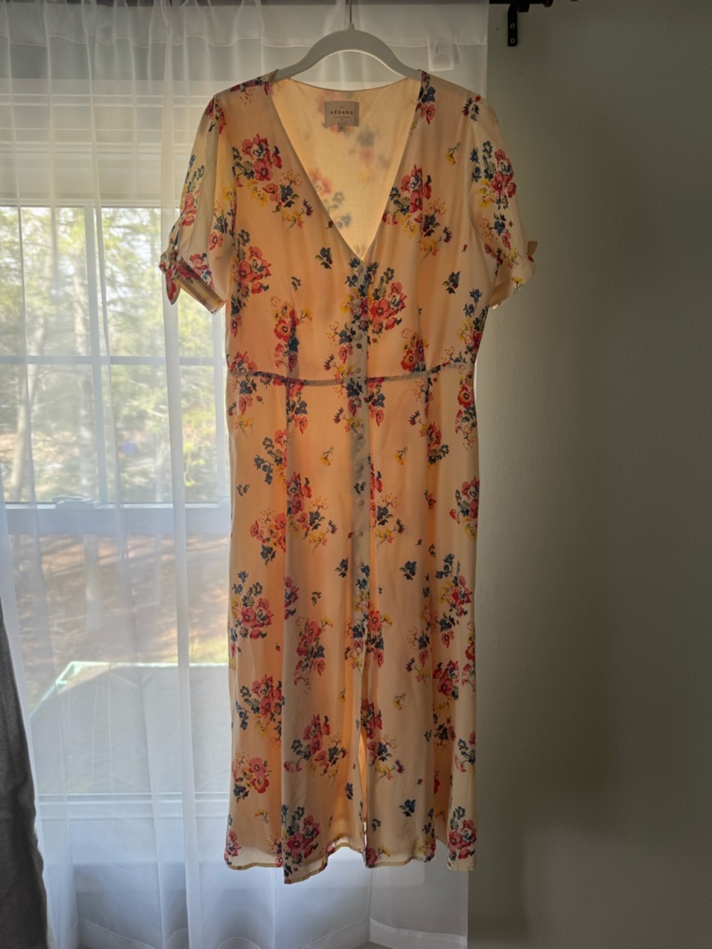 Sezane Cream Floral V-Neck Midi Dress with Pink & Blue Bouquets